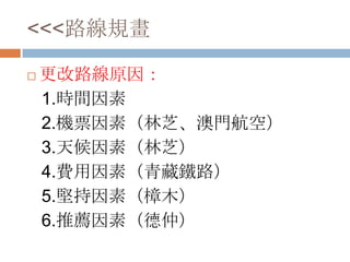 <<<路線規畫
 更改路線原因：
1.時間因素
2.機票因素（林芝、澳門航空）
3.天候因素（林芝）
4.費用因素（青藏鐵路）
5.堅持因素（樟木）
6.推薦因素（德仲）
 