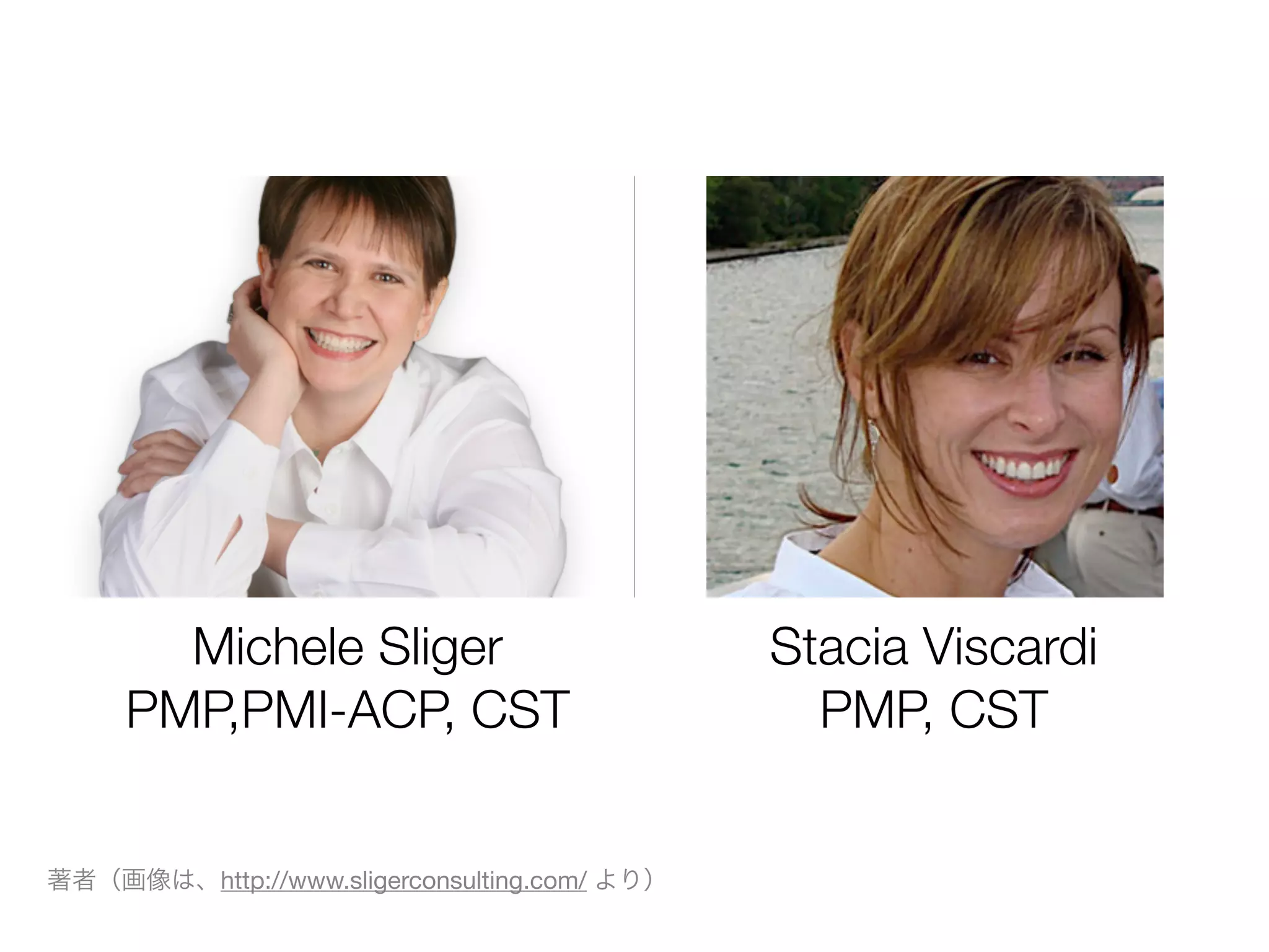 著者（画像は、http://www.sligerconsulting.com/ より）
Michele Sliger
PMP,PMI-ACP, CST
Stacia Viscardi
PMP, CST
 