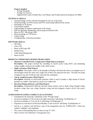 Projects handled:
- Prestige Sunnyside
- Prestige Ivy Terraces
- Supported QS Leads at Garden Bay, Tech Platina, Jade Pavilion and Ferns Residency for JMRs.
TECHNICAL SKILLS:
• Good knowledge on HUL Electrical Standard for safe use of electricity.
• Good Knowledge of LOTO system and PTW system being followed in the factory.
• Knowledge on 5S, Kaizen.
• Task Hazard Analysis.
• Understanding of statutory requirements of the factory.
• SOP for Operation, Maintenance and carrying out Electrical Jobs.
• Basics in PLC- MicroLogix 1400.
• Basic knowledge on VFD Drives.
• Control wiring.
• Troubleshooting of Electrical machines.
SOFTWARE SKILLS:
• MS Office
• Auto CAD
• Basics in RS Logix 500
• Quadra-Neon
• Ariba Spend Management
• Basics in SAP
PROJECTS UNDERTAKEN DURING GRADUATION:
• Thyristor Controlled Series Compensator (Major final year project)
Description: The project involved the controlling of reactive power using SCR’s and maintaining
voltage stability and hence the stability of the whole system.
• Single coil motor (Mini Project)
Description: This project works on the principle of Fleming’s left hand rule where a rectangular core of
electromagnet forms the stator and a single turn of thick wire represents the rotor. The thick wire being
scrapped on one side at both the ends represents the commutator.
• Van de Graaff Generator (Mini Project)
Description: Basically an electrostatic generator which is used to produce a high amount of electric
potential on a hollow metal dome by means of an endless belt.
• Electrical Wiring and heater coil (Mini Project)
Description: Demonstrated different electrical wiring schemes such as Bank wiring, Hospital wiring,
Go-down wiring, Stair case wiring, Domestic wiring and also designed a heater coil for 1Kw power
rating.
ACHIEVEMENTS/ EXTRA-CURRICULAR ACTIVITIES:
• Participated in the annual day celebrations of the “Prestige Group”.
• Secured second place in “Do you have the right connections” held during TechNidarshan-11.
• Secured second place in “Can you fix it” held during TechNidarshan-12.
• Organized an event based on Electrical Machines “Conn-Tech-Ed” held during TechNidarshan-13.
• Served as a volunteer and had been a part of the inauguration team for ‘EXPRO-2013’ a final year
students’ exhibition and competition.
• Was a part of Sand painting that was done on Aug 15th
, 2013
• Main Lead for Tech Nidarshan’13 Inauguration team.
 