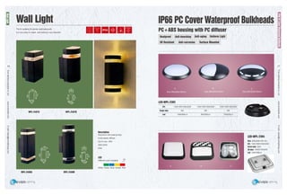 EverlightingIndustrialco.,Ltdwww.everledite.comE-mail:sales@everlightings.com
EverlightingIndustrialco.,Ltdwww.everledite.comE-mail:sales@everlightings.com
36 37
The fix suitable for garden,wall,plaza,path.
It is very easy to install...and looking it very beautiful
Description
Aluminium die-casting body
Frost plastic diffuser
GU10 max. 35W
220V-240V
IP54
WPL-2407A
WPL-2408A WPL-2408B
WPL-2407B
235
153
Different color available
White Green Blue Amber Red
LED
IP66 PC Cover Waterproof Bulkheads
Size 290x200x100mm
LED-WPL-2303
A
LED-WPL-2304
B C
Size 290x200x100mm Size 290x200x100mm
13W/15W/18W/20W
9W
10W/640Lm
CFL
Single tube
Led
Size 290x290x100 mm
CFL 13W/15W/18W/20W
Circle tube 22W
2D tube 16W/21W/24W
Led 12W/768Lm
PC+ABS housing with PC diffuser
13W/15W/18W/20W
9W
6W/360Lm
13W/15W/18W/20W
9W
7W/420Lm
A B C
Heatproof
UV Resistant
Anti-knocking
Anti-corrosion
Anti-aging
Surface Mounted
Uniform Light
WallLight
IP66PCCoverWaterproofBulkheads
Wall Light
 