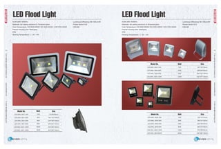 EverLightingIndustrialCompanyLtd.www.everledlite.comE-mail:sales@everlightings.com
EverLightingIndustrialCompanyLtd.www.everledlite.comE-mail:sales@everlightings.com
02 03
LED Flood Light LED Flood Light
LEDFloodLight
AC85-265V 50/60Hz
Materials: die casting aluminum & Tempered glass
Color Temperature: CW 6000-6500K/ NW 4000-4500K / WW 2700-3500K
Popular housing color: black/grey
IP65
Working Temperature(℃): -25 - +40
AC85-265V 50/60Hz
Materials: die casting aluminum & Tempered glass
Color Temperature: CW 6000-6500K/ NW 4000-4500K / WW 2700-3500K
Popular housing color: black/grey
IP65
Working Temperature(℃): -25 - +40
Luminous Efficiency 90-100Lm/W
Power factor>0.9
CRI>80
Luminous Efficiency 90-100Lm/W
Power factor>0.9
CRI>80
Model No. Watt Size
LED-MHL-3001-10W
LED-MHL-3001-20W
LED-MHL-3001-30W
LED-MHL-3001-50W
LED-MHL-3001-100W
LED-MHL-3001-150W
10W
20W
30W
50W
100W
150W
115*85*85mm
140*178*150mm
225*185*125mm
290*235*145mm
425*328*190mm
425*328*190mm
Model No. Watt Size
LED-MHL-3009-10W
LED-MHL-3009-20W
LED-MHL-3009-30W
LED-MHL-3009-50W
LED-MHL-3009-100W
LED-MHL-3009-200W
10W
20W
30W
50W
100W
200W
130*110*37mm
180*141*40mm
225*185*45mm
280*210*46mm
370*309*84mm
450*380*120mm
Model No. Watt Size
LED-MHL-3004-10W
LED-MHL-3004-30W
LED-MHL-3004-50W
LED-MHL-3004-120W
10W
30W
50W
120W
187*165*55mm
295*240*80mm
360*318*105mm
425*377*125mm
LEDFloodLight
 