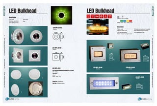 44
ir
ce·
;:?;
5·
cc
5"
a.
c:
!e.
§:
(")
0
3
"O
DI
::J
'<
~
LED Bulkhead
Description
Frost glass
Stainless steel cover
LED Lighting source
220V-240V
IP54
LED·WPL·2018A
10LEDs
LED·WPL-201BB
10LEDs
120 36
[QJ~~8
LED·WPL-2021
DIE CASTING ALUMINUM HOUSING WITH PC COVER
aw /640Lm
SMD2835
IP65
Black, white, grey
Round Slza: 190x60mm
Dval Size: 230x85x140mm
LED Bulkhead
LED pf
Different color available
-- -White Green Blue Amber Red
Description
Plastic body 12V{external transformer included)
Stainless steel cover 220V-240V{transformer inside)
LED Lighting source 100% waterproof IP68
Plastic recess housing included
45
 