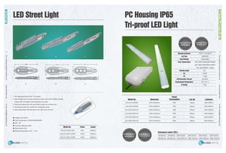 EverLightingIndustrialCompanyLtd.www.everledlite.comE-mail:sales@everlightings.com
EverLightingIndustrialCompanyLtd.www.everledlite.comE-mail:sales@everlightings.com
12 13
● Voltage: 90-240VAC
● Color temperature: 2700K/4500K/6000K
● CRI > 80
● Luminous efficiency 95%
● Power factor 0.98
● Working temperature -25℃ -+40℃
1. Die casting aluminum ADC 12 housing
2. High strength and corrosion resisting surface with AKZO NOBEL powder
coated with 190 degree high temperature process
3. Tempered optical lens with good beam angel and luminous flux
4. 304 stainless steel for outside the hexagonal screws
5. High quality Mean Well led driver and high lumen led chip
Model No. Power Lumen
LED-STL-5007-50W
LED-STL-5007-2x50W
LED-STL-5007-3x50W
50W
100W
150W
5500Lm
12000Lm
18000Lm
PC Housing IP65
Tri-proof LED Light
Housing materials
Led Type
Input Voltage
Color Temperature
Viewing Angle
Ra
PF
LED forwarder Current
Environment Temperature
IP Rating
PC/PC + AL board
SMD2835
AC90-265V
WW: 3000-3500K/4000-4500K
NW: 4500-5000K/5000-5500K
CW: 5500-6000K/〉6000K
120°
80-85
>0.95
45-50mA
-20~+40°C
IP65
Model No.
LED-201S-20W/60
LED-202S-30W/60
LED-203S-40W/120
LED-204S-50W/120
LED-205S-50W/150
LED-206S-60W/150
675x135x93mm
675x135x93mm
1280x135x93mm
1280x135x93mm
1575x135x93mm
1575x135x93mm
20W
30W
40W
50W
50W
60W
120pcs
180pcs
240pcs
300pcs
300pcs
336pcs
20W/60CM 30W/60CM 40W/120CM 50W/120CM 50W/150CM 60W/150CM
500-600 LM 800-850 LM 1100-1200 LM 1350-1450 LM 1350-1450 LM 1500-1700 LM
1600-1800Lm
2400-2600Lm
3400-3600Lm
4200-4400Lm
4200-4400Lm
5000-5200Lm
Dimension
Power
Consumption Led qty
Emergency Lumen (30%)
Luminous
induction
AVAILABLE
emergency
AVAILABLE
INDUCTION
RANGE: 5-8M
EMERGENCY
TIME: 2-3 HOURS
LED Street Light
LEDStreetLight
A
A
B
B
C
C
PCHousingIP65Tri-proofLEDLight
 