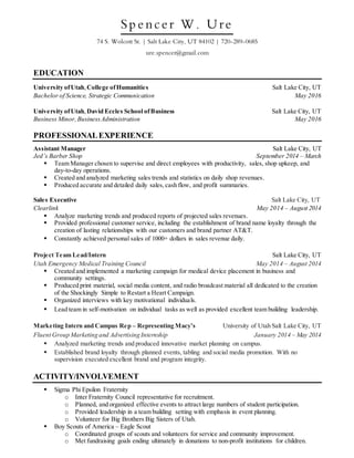 Utah Resume Example Resume Updated 5-20-15 Strat Comm + Business Minor | DOCX
