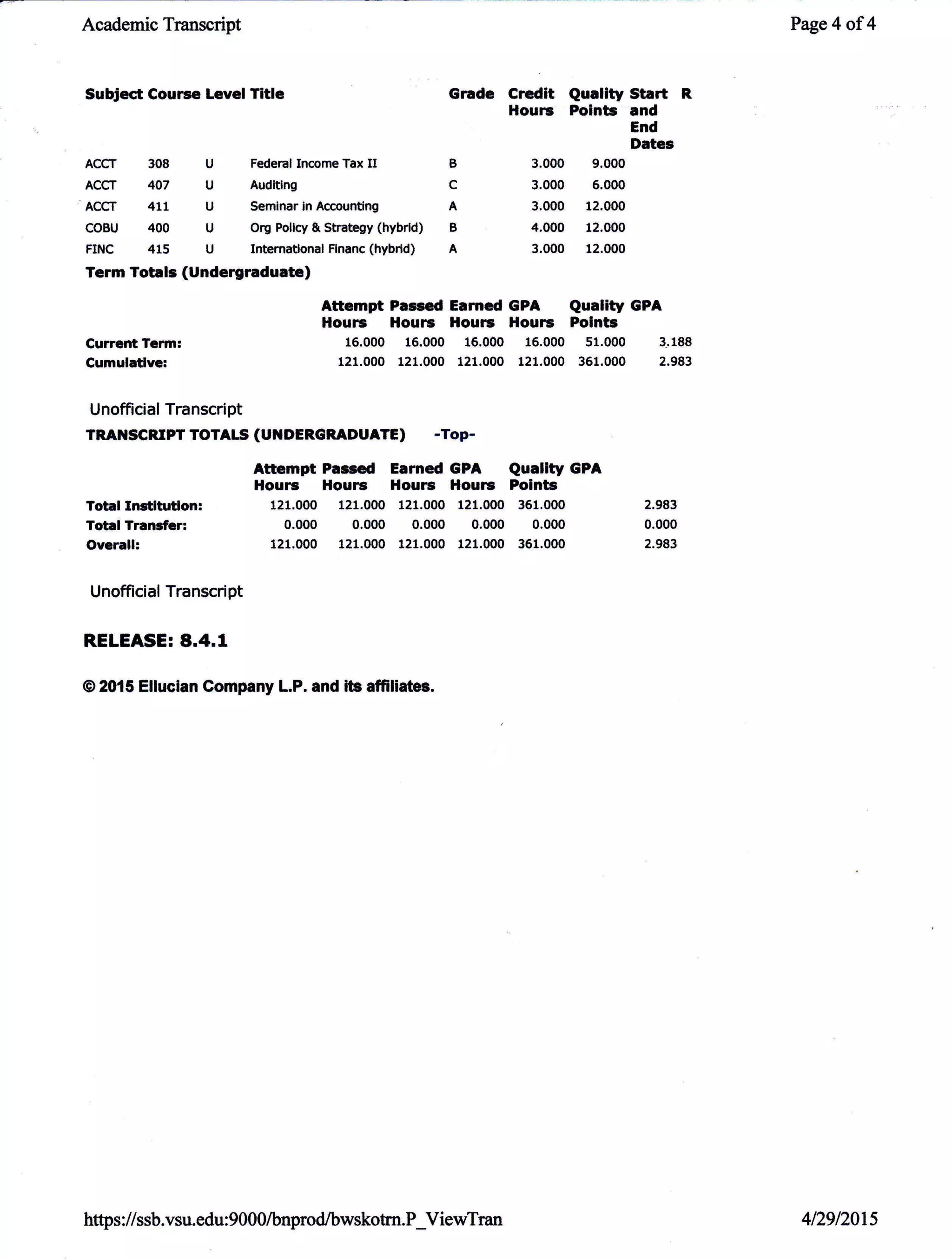 Academic Transcript
Subject Cource Level Title Grade Cr€dlt Qualfi Start R
l{ouns Points and
End
Dates
ACCT 308 U Federal Income Tax II B 3.000 9.000
ACCT 407 U Auditing C 3.000 6.000
ACCT 411 U Seminar in Accounting A 3.000 12.000
COBU 400 U OrS Pollcy & Strategy (hybrld) B 4.000 12.000
FINC 415 U Intematlonal Financ (hybrid) A 3.000 12.000
Term Totals (Undergraduate)
Attempt Passed Earned GPA Quality GPA
Houns Houns l{ours Houns Points
Current Term: 16.000 16.000 16.000 16.000 51.000 3.188
Cumuladve: 121.000 121.000 121.000 121.000 361.000 2.983
Unofficial Transcript
TRANSCRIPTTOTALS(UI{DERGRADUATE) -Top-
Attempt Pasced Earned GPA Quality GPA
l{ourc Houre Hours lloure Points
Tot l Institution: 121.000 121.000 121.000 121.000 361.000 2.983
Total Transfir: 0.000 0.000 0.000 0.000 0.000 0.000
Oycrall: 121.000 121.000 121.000 121.000 351.000 2.983
Unofficial Transcript
RETEASE: 8.4.1
@ 2015 Elluclan Gompany L.P. and its afftliates.
Page 4 of4
htps ://ssb. vsu. edu: 9000/bnprod/bwskotm.P_ViewTran 4129/20ts
 