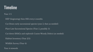 Timeline
Year: 1-5
HEP (beginning) then HSI every 6 months
Cut Down early successional species (year 2, then as needed)
Plant Late Successional Species (Year 2, possibly 3)
Cut down SNAGs and replenish Coarse Woody Debris (as needed)
Habitat Inventory (Year 2/3)
Wildlife Survey (Year 4)
Year: 6 onwards
 