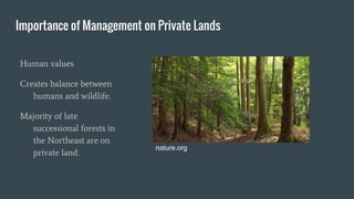 Importance of Management on Private Lands
Human values
Creates balance between
humans and wildlife.
Majority of late
successional forests in
the Northeast are on
private land.
nature.org
 