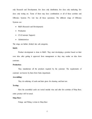 12
only Research and Development, few does only distribution, few does only marketing, few
does only testing etc. Some of them may have combinations or all of these activities and
Efftronics Systems Pvt. Ltd. has all those operations. The different wings of Efftronics
Systems are:
 R&D (Research and Development)
 Production
 CS (Customer Support)
 Administration
The wings are further divided into sub categories.
R&D:
Product development is done in R&D. They start developing a product based on their
own idea after getting it approved from management or they may realize an idea from
customer.
Production:
They manufacture all the products required by the customer. The requirements of
customer are known by them from Sales department.
Assembling:
They do soldering of cards and later given for cleaning and heat test.
Testing:
Here the assembled cards are tested module wise and after few activities of Shop floor,
entire product will be tested.
Shop floor:
Fixings and Wiring is done in Shop floor
 