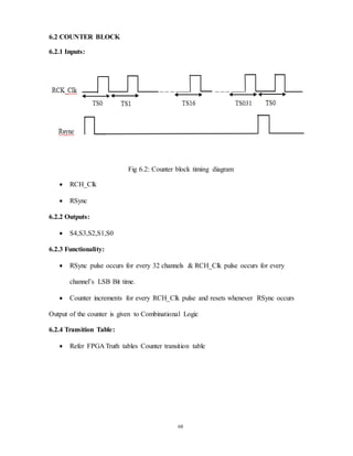 68
6.2 COUNTER BLOCK
6.2.1 Inputs:
Fig 6.2: Counter block timing diagram
 RCH_Clk
 RSync
6.2.2 Outputs:
 S4,S3,S2,S1,S0
6.2.3 Functionality:
 RSync pulse occurs for every 32 channels & RCH_Clk pulse occurs for every
channel’s LSB Bit time.
 Counter increments for every RCH_Clk pulse and resets whenever RSync occurs
Output of the counter is given to Combinational Logic
6.2.4 Transition Table:
 Refer FPGA Truth tables Counter transition table
 