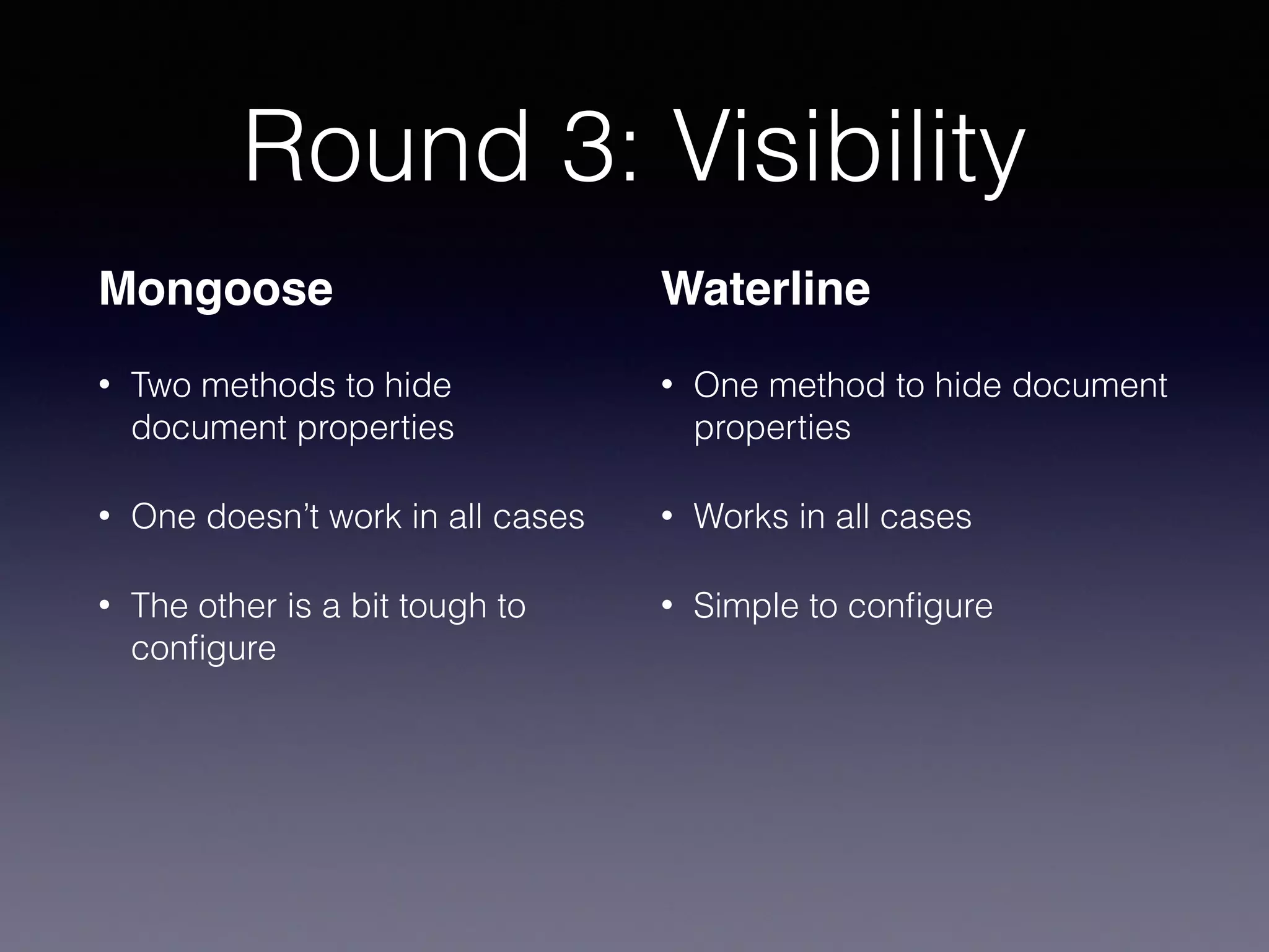 Round 3: Visibility
Mongoose
• Two methods to hide
document properties
• One doesn’t work in all cases
• The other is a bit tough to
conﬁgure
Waterline
• One method to hide document
properties
• Works in all cases
• Simple to conﬁgure
 