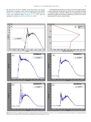 the occurrence of one or another of the force types. For vertical
breakwaters, examples of such kind of implement are the graphs
of Nagai (1973) and Nagai-Otsubo (1974), the decision tree of Goda
(1986), the Parameter Map (Oumeraci et al., 1999) and the
Calabrese's criterion (Calabrese and Buccino, 2000).
Unfortunately, the present set of data is not wide enough to lead to
a robust method for the speciﬁc case of SSGs; yet, a parametric analysis
is conducted below, with the twofold aim of introducing the main
governing variables and achieving a preliminary scheme to be used as
starting point for future research works.
tr = 0.075 T
tr = 0.051 T tr = 0.060 T
tr = 0.027 T tr = 0.014 T
p1 p2
p3 p4
Fig. 14. Characteristics of loadings generated by a surging breaker with large wave height (H¼0.16 m, T¼2 s). (a) horizontal force time-history (kg/m); (b) spatial distribution
of pressures at the peak of force. Low panels: time-histories of the wave pressures (in cm).
M. Buccino et al. / Ocean Engineering 95 (2015) 34–58 43
 