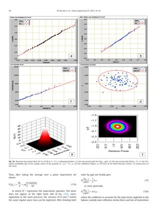 Thus, after taking the average over a given experiment we
obtain:
E ^pav:
À Á
¼
MF
d
¼ ρg
H
2
tanh kdð Þ
kd
ð11bÞ
In which E(1) represents the expectation operator. The latter
does not appear at the right hand side of Eq. (11b), since,
oppositely to the wave pressure, the variance of H and T within
the same regular wave train can be neglected. After dividing both
sides by ρgd one ﬁnally gets:
E
^pav:
ρgd
 
¼
1
2
LTP ð12Þ
or more generally:
E
^pav:
ρgd
 
¼ m LTP ð12bÞ
where the coefﬁcient m accounts for the main terms neglected in the
balance, namely wave reﬂection, inertia forces and loss of momentum
Fig. 24. Bivariate log-normal plots for H¼0.128 m, T¼1.5 s (collapsing-breaker). (a) the log-normal plot for lnð^pav:=ρgdÞ; (b) the log-normal plot forlnðtr:=TÞ; (c) the Chi-
square probability plot of the sample values of the quantity X Àμð Þt
Σ À 1
X Àμð Þ ;(d) the conﬁdence ellipse; (e) 3D view of the ﬁtted bivariate surface; (f) contour-lines of
the curve.
M. Buccino et al. / Ocean Engineering 95 (2015) 34–5850
 