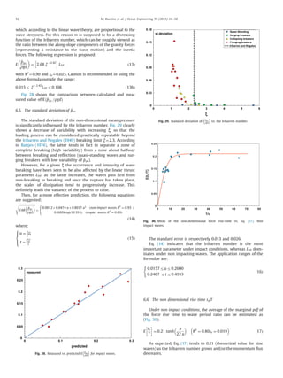which, according to the linear wave theory, are proportional to the
wave steepness. For this reason m is supposed to be a decreasing
function of the Iribarren number, which can be roughly viewed as
the ratio between the along-slope components of the gravity forces
(representing a resistance to the wave motion) and the inertia
forces. The following expression is proposed:
E
^pav:
ρgd
 
¼ 2:68 ξÀ 2:42
h i
LTP ð13Þ
with R2
¼0.90 and se¼0.025. Caution is recommended in using the
above formula outside the range:
0:015r ξÀ2:42
LTP r0:108 ð13bÞ
Fig. 28 shows the comparison between calculated and mea-
sured value of E ^pav:=ρgd
À Á
6.5. The standard deviation of ^pav
The standard deviation of the non-dimensional mean pressure
is signiﬁcantly inﬂuenced by the Iribarren number. Fig. 29 clearly
shows a decrease of variability with increasing ξ, so that the
loading process can be considered practically repeatable beyond
the Iribarren and Nogales (1949) breaking limit ξ¼2.3. According
to Battjes (1974), the latter tends in fact to separate a zone of
complete breaking (high variability) from a zone about halfway
between breaking and reﬂection (quasi-standing waves and sur-
ging breakers with low variability of ^pav).
However, for a given ξ the occurrence and intensity of wave
breaking have been seen to be also affected by the linear thrust
parameter LTP; as the latter increases, the waves pass ﬁrst from
non-breaking to breaking and once the rupture has taken place,
the scales of dissipation tend to progressively increase. This
deﬁnitely leads the variance of the process to raise.
Then, for a more effective prediction, the following equations
are suggested:
ﬃﬃﬃﬃﬃﬃﬃﬃﬃﬃﬃﬃﬃﬃﬃﬃﬃﬃﬃﬃﬃﬃﬃﬃﬃ
VAR
^pav
ρgd
 s
¼
0:0012þ0:0474 uþ0:8017 u2
ðnon impact waves R2
¼ 0:93 Þ
0:0009exp 10:39 tð Þ ðimpact waves R2
¼ 0:89Þ
(
ð14Þ
where:
u ¼ LTP
ξ0:6
t ¼
L0:3
TP
ξ
8

:
ð15Þ The standard error is respectively 0.013 and 0.026.
Eq. (14) indicates that the Iribarren number is the most
important parameter under impact conditions, whereas LTP dom-
inates under non impacting waves. The application ranges of the
formulae are:
0:0157rur0:2600
0:2407 rtr0:4933
(
ð16Þ
6.6. The non dimensional rise time tr/T
Under non impact conditions, the average of the marginal pdf of
the force rise time to wave period ratio can be estimated as
(Fig. 30):
E
tr
T
!
¼ 0:21 tanh
π
22 u
 
R2
¼ 0:80se ¼ 0:019
 
ð17Þ
As expected, Eq. (17) tends to 0.21 (theoretical value for sine
waves) as the Iribarren number grows and/or the momentum ﬂux
decreases.
0
0.05
0.1
0.15
0.2
0.25
0.3
0 0.1 0.2 0.3
measured
predicted
Fig. 28. Measured vs. predicted E
^pav:
ρgd
 
for impact waves.
0
0.03
0.06
0.09
0.12
0.15
0.18
0 1 2 3 4 5 6
st.deviation
Quasi-Standing
Surging breakers
Collapsing breakers
Plunging breakers
Iribarren and Nogales
ξ
Fig. 29. Standard deviation of
^pav:
ρgd
 
vs. the Iribarren number.
0
0.05
0.1
0.15
0.2
0.25
0 10 20 30 40 50 60 70 80
E[tr/T]
1/u
Fig. 30. Mean of the non-dimensional force rise-time vs. Eq. (17). Non
impact waves.
M. Buccino et al. / Ocean Engineering 95 (2015) 34–5852
 