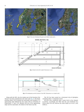 Along with the WEC, also the steeper part of the foreshore (the
“focuser”) has been reproduced at the same scale (Fig. 4). The beach
extended about 1.39 m towards the wavemaker and included a 1:5
approaching slope followed by two ramps with an inclination of
respectively 1:1 and 1:2.5. Between the toe of the approaching
slope and the wavemaker, the bottom of the ﬂume was ﬂat.
The SSG has been seated on a horizontal strip of plexiglass
extending about 1 m beyond its heel.
All tests were conducted with a water level in the channel,
d¼0.50 m; accordingly, the WEC had the crest freeboard (Rc)
0.10 m above the swl, whereas the water depth at its toe, h, was
0.056 m.
Fig. 2. The sites of Kvitsøy (left panel) and Svåheia (right panel).
Fig. 3. Sketch of the SSG model. Dimensions in mm.
h = 0.056
0.500
1
2.5
1
1
1
5
S.W.L
1.3861.008 0.361
2.755
Fig. 4. The bathymetry and the location of the WEC. Dimensions in m (model scale).
M. Buccino et al. / Ocean Engineering 95 (2015) 34–5836
 