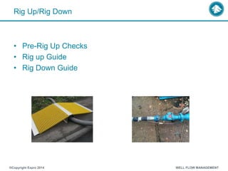 Rig Up/Rig Down
• Pre-Rig Up Checks
• Rig up Guide
• Rig Down Guide
®Copyright Expro 2014 WELL FLOW MANAGEMENT
 
