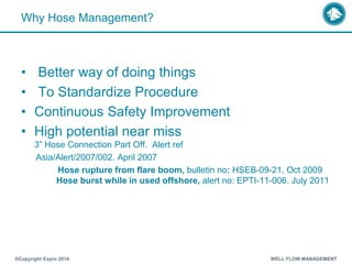 Why Hose Management?
• Better way of doing things
• To Standardize Procedure
• Continuous Safety Improvement
• High potential near miss
3” Hose Connection Part Off. Alert ref
Asia/Alert/2007/002. April 2007
Hose rupture from flare boom, bulletin no: HSEB-09-21. Oct 2009
Hose burst while in used offshore, alert no: EPTI-11-006. July 2011
®Copyright Expro 2014 WELL FLOW MANAGEMENT
 