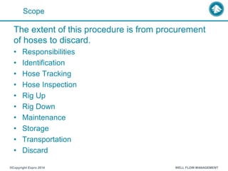Scope
The extent of this procedure is from procurement
of hoses to discard.
• Responsibilities
• Identification
• Hose Tracking
• Hose Inspection
• Rig Up
• Rig Down
• Maintenance
• Storage
• Transportation
• Discard
®Copyright Expro 2014 WELL FLOW MANAGEMENT
 
