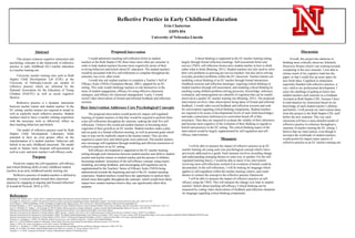 Reflective Practice in Early Childhood Education
Erin Chatterton
EDPS 854
University of Nebraska-Lincoln
Abstract
This project connects cognitive instruction and
psychology concepts to the framework of reflective
practice in early childhood (EC) teacher education
at a teacher training site.
University teacher training sites such as Ruth
Staples Child Development Lab (CDL) at the
University of Nebraska-Lincoln use models of
reflective practice which are informed by the
National Association for the Education of Young
Children (NAEYC) as well as social cognitive
theories.
Reflective practice is a dynamic interaction
between teacher trainer and student teacher. In the
EC setting, teacher trainers are required to model as
well as explicitly teach reflective practice. Student
teachers need to leave a teacher training experience
with the necessary tools to effectively reflect on
their teaching behaviors and beliefs.
The model of reflective practice used by Ruth
Staples Child Development Laboratory holds
potential to have an even greater effect on the
transformation of a student teachers’ behaviors and
beliefs in an early childhood classroom. The model
needs to feature more frequent self-assessment as
well as a pre- and post- teacher’s self efficacy scale.
Positively impact the self-regulation, self-efficacy,
and critical thinking skills of early childhood student
teachers at an early childhood teacher training site.
Reflective practice of student teachers is defined as
adopting “a critical attitude toward their classroom
practice by engaging in ongoing and focused reflection”
(Cavanah & Prescott, 2010, p.147).
I would administer teaching self-reflection forms to student
teachers at the Ruth Staples CDL three times more often per semester in
order to help student teachers become more cognitively aware of their
evolving behaviors and beliefs about EC education. The student teachers
would be presented with five self-reflections to complete throughout the
semester, one every other week.
I would also ask student teachers to complete a Teacher’s Self of
Efficacy Scale (TSES) (Tschannen-Moran, 2001), adapted for an EC
setting. This scale would challenge teachers to rate themselves in the
areas of student engagement, efficacy for using effective classroom
strategies, and efficacy for classroom management. Lastly, I would
record video observations of formal and informal feedback and reflection
sessions.
References
Bruning, R.H., Schraw, & G.J., Norby. (2011). Cognitive psychology and instruction. Pearson Education, Inc. Boston, MA.
Cavanagh, M., & Prescott, A. (2010). The growth of reflective practice among three beginning secondary mathematics teachers. Asia-Pacific Journal of Teacher Education, 38(2), 147-159.
Jones-Branch, J. (2010). Scaffolding: A close examination of support in the inquiry process. The Constructivist. (Doctoral dissertation). Retrieved from researchgate.net.
Krummel Reinking, A. (2015). Increasing Accountability Measures of Early Childhood Teachers Using Evaluation Models: Observation, Feedback, and Self-Assessment. Current Issues in Education, 18(1), 1-9.
Lane, R., McMaster, H., Adnum, J., & Cavanagh, M. (2014). Quality reflective practice in teacher education: a journey towards shared understanding. Reflective Practice, 15(4), 481-494.
National Association for the Education of Young Children. Professional Development. (n.d.). Retrieved from https://www.naeyc.org/ecp
National Association for the Education of Young Children. (2005) Teachers: A guide to the NAEYC early childhood program standard and related accreditation criteria. NAEYC Accreditation.
National Association for the Education of Young Children. (2009). The Mentor-Student Relationship- From Observer to Teacher. NAEYC Interest Forums, January 2009. Retrieved from https://www.naeyc.org/files/yc/file/On%/20Our%20Minds%20NAEYC.pdf
National Association for the Education of Young Children. (2010). NAEYC Professional Preparation Standards. (NAEYC). Retrieved from https://www.naeyc.org/caep/standards.
O'Connor, A., & Diggins, C. (2002). On reflection. Reflective practice for early childhood educators. Location: Open Mind Publishing.
Patil, S. S. J. (2013). Reflective practice in education. Global Online Electronic International Interdisciplinary Research Journal, 2(1), 356-358.
Piaget, J. (1953). The origin of intelligence in the child. Location: Routledge & Paul.
Powell, K. C., & Kalina, C. J. (2009). Cognitive and social constructivism: Developing tools for an effective classroom. Education, 130(2), 241-250.
Strader, W. H. (2009). The Mentor-Student Relationship-From Observer to Teacher. YC Young Children, 64(1), 54-57.
Vygotsky, L. S. (1962). Language and thought. Location: Massachusetts Institute of Technology Press.
Measures
How Intervention Addresses Core Psychological Concepts
Purpose
Proposed Intervention
Critical thinking is supported in the EC teacher training setting
largely through formal reflection meetings. Self-assessment forms and
surveys (TSES, self-reflection forms) aid a student teacher in how to think
rather what to think (Bruning, 2011). Student teachers not only need to solve
their own problems as growing pre-service teachers, but also aid in solving
everyday preschool problems within the EC classroom. Teacher trainers are
modeling critical thinking of an EC teacher through formal interactions
(feedback sessions and reflection meetings), requiring critical thinking of
student teachers through self-assessment, and modeling critical thinking by
teaching young children problem-solving processes. Knowledge, inference,
evaluation, and metacognition are subskills of cognition that can be readily
observed at a quality EC teacher training site (Bruning, 2011). The proposed
intervention involves video observations being taken of formal and informal
feedback. I would video record feedback and reflection sessions and code
for conversation regarding critical thinking components. Student teachers
are required to be aware of developmental levels of each child (knowledge)
and make connections (inferences) to curriculum based off of that
awareness. Then they are required to evaluate the validity of their inferences
and become more cognitive of the evolution of their thinking in regards to
beliefs and practices in the EC setting. The critical thinking aspect of the
intervention would be largely supplemented by self-regulation and self-
efficacy interventions.
The proposed intervention would positively impact self-regulated
learning of student teachers in that they would be required to perform three
extra self-reflections throughout the semester, making the total five self-
reflections. I believe this would aid student teachers in becoming more
cognizant of their growth as an EC teacher. Student teachers make a plan
and set goals in a formal reflection meeting, as well as personal goals which
may or may not be explicitly stated to the teacher trainer. They are also
required to assess how and which goals were achieved. The teacher trainers
also encourage self-regulation through modeling and efficient instruction of
reflective practices in an EC setting.
Self-efficacy development is supported in the EC teacher training
setting through each interaction between student teacher and child or student
teacher and teacher trainer or student teacher and the parents of children.
Increasing students’ awareness of the self-efficacy concept, using expert
modeling, providing feedback, and encouraging self-regulation can be
supplemented by the Teachers’ Sense of Efficacy Scale (TSES) being
administered towards the beginning and end of the EC student teaching
experience. Student teachers would have the opportunity to analyze their
beliefs more thoroughly throughout the semester, which would most likely
impact how student teachers believe they can significantly affect their
students.
I will be able to measure the impact of reflective practice at an EC
teacher training site using each core psychological concept which I have
previously addressed as a guide. Each measure involves recording change
and understanding emerging themes in some way or another. For the self-
regulated learning theory, I would be able to know if my intervention
involving more self-reflections worked if an evolution of beliefs could be
documented. In the self-reflections, I will be looking for language which
applies to self-regulation within the teacher training context, and create
themes to connect the concept to the reflective practice framework.
I will be able to measure the impact of reflective practice on self-
efficacy using the TSES. This will measure the change over time in student
teachers’ beliefs about teaching self-efficacy. Critical thinking can be
measured by coding video observations of feedback and reflection situations
for language regarding critical thinking components.
Discussion
Overall, this project has aided me in
thinking more critically about my Scholarly
Discovery Project which I am working towards
completing in the next semester. I was able to
release much of my cognitive load into the
paper, so that I could free up some space for
new fresh ideas. Cognition in instruction,
especially blended with reflective practice, is
very valid to my professional development. I
enjoy the challenge of getting to know new
student teachers each semester as a Graduate
Assistant at Ruth Staples CDL, because I have
to individualize my instruction based on my
knowledge of each student teacher’s abilities
and beliefs. I will present my intervention ideas
from this project to the Ruth Staples CDL staff
before the new semester. This way each
classroom will have a more detailed model of
reflective practice to reference throughout a
semester of teacher training the EC setting. I
believe that my intervention, even though it
increases the workloads of student teachers,
would positively impact many aspects of
reflective practice at an EC teacher training site.
 