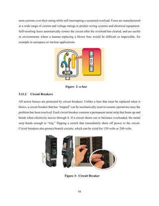 43
term currents over their rating while still interrupting a sustained overload. Fuses are manufactured
in a wide range of current and voltage ratings to protect wiring systems and electrical equipment.
Self-resetting fuses automatically restore the circuit after the overload has cleared, and are useful
in environments where a human replacing a blown fuse would be difficult or impossible, for
example in aerospace or nuclear applications.
Figure 2: a fuse
5.11.2 Circuit Breakers
All newer homes are protected by circuit breakers. Unlike a fuse that must be replaced when it
blows, a circuit breaker that has “tripped” can be mechanically reset to resume operations once the
problem has been resolved. Each circuit breaker contains a permanent metal strip that heats up and
bends when electricity moves through it. If a circuit shorts out or becomes overloaded, the metal
strip bends enough to “trip,” flipping a switch that immediately shuts off power to the circuit.
Circuit breakers also protect branch circuits, which can be sized for 120-volts or 240-volts.
Figure 3: Circuit Breaker
 