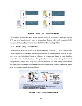 45
Figure 5: Ground Fault Circuit Interrupters
The night light should go out when the test button is pushed. If the light does not go out, then the
GFCI may have been improperly wired or damaged and does not offer shock protection. In this
case, contact a licensed electrician to check the GFCI and correct the problem.
5.11.5 Earth Leakage Circuit Breaker
Current leakage protection is also called Residual Current Protection (RCD) or Earthing Fault
Current Protection. Earth leakage circuit breakers monitor the operation of the "neutral" or "live"
wires in the electrical circuit. During an imbalance in the electrical circuit, or when not all the
current flows to the electrical appliance through the "live" wire and returns through the "neutral"
wire, part of the current flows away (leaks) into other sources. The earth leakage circuit breaker
will immediately detect such an imbalance and cut-off the electrical source in 0.4 seconds. Rating
of the tripping current shall not exceed 30mA.
Figure 6 : Earth Leakage Circuit Breaker
 