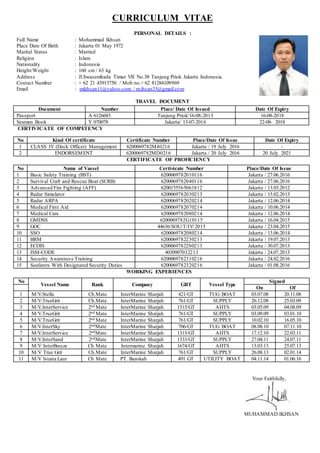 CURRICULUM VITAE
PERSONAL DETAILS :
Full Name : Mohammad Ikhsan
Place Date Of Birth : Jakarta 01 May 1972
Marital Status : Married
Religion : Islam
Nationality : Indonesia
Height/Weight : 160 cm / 63 kg
Address : Jl.Swasembada Timur VII No.38 Tanjung Priok Jakarta Indonesia.
Contact Number : + 62 21 43913750 / Mob no.+ 62 81284109969
Email : mikhsan11@yahoo.com / m.ihsan33@gmail.com
TRAVEL DOCUMENT
CERTIVICATE OF COMPETENCY
CERTIFICATE OF PROFICIENCY
WORKING EXPERIENCES
Your Faithfully,
MUHAMMAD IKHSAN
Document Number Place/ Date Of Issued Date Of Expiry
Passport A 6126683 Tanjung Priok/16-08-2013 16-08-2018
Seaman Book Y 070078 Jakarta/ 13-07-2016 22-08- 2018
No Kind Of certificate Certificate Number Place/Date Of Issue Date Of Expiry
1 CLASS IV (Deck Officer) Management 6200069782M40216 Jakarta / 19 July 2016 -
2 ENDORSEMENT 6200069782MD0216 Jakarta / 20 July 2016 20 July 2021
No Name of Vassel Certivicate Number Place/Date Of Issue
1 Basic Safety Training (BST) 6200069782010116 Jakarta / 27.06.2016
2 Survival Craft and Rescue Boat (SCRB) 6200069782040116 Jakarta / 27.06.2016
3 Advanced Fire Fighting (AFF) 6200155565061812 Jakarta / 13.03.2012
4 Radar Simulator 6200069782030213 Jakarta / 15.02.2013
5 Radar ARPA 6200069782020214 Jakarta / 12.06.2014
6 Medical First Aid 6200069782070214 Jakarta / 10.06.2014
7 Medical Care 6200069782080214 Jakarta / 12.06.2014
8 GMDSS 6200069782G10115 Jakarta / 16.04.2015
9 GOC 44636/SOU/T/IV/2015 Jakarta / 23.04.2015
10 SSO 6200069782080214 Jakarta / 13.06.2014
11 BRM 6200069782230213 Jakarta / 19.07.2013
12 ECDIS 6200069782280213 Jakarta / 30.07.2013
13 ISM-CODE 4030907032213 Jakarta / 24.07.2013
14 Security Awareness Training 6200069782310216 Jakarta / 24.02.2016
15 Seafarers With Designated Security Duties 6200069782320216 Jakarta / 01.08.2016
No
Vessel Name Rank Company GRT Vessel Type
Signed
On Of
1 M/V.Stella Ch.Mate InterMarine Sharjah 421/GT TUG BOAT 03.07.08 20.11.08
2 M/V.TrueGrit Ch.Mate InterMarine Sharjah 761/GT SUPPLY 26.12.08 25.03.09
3 M/V.InterService 2nd Mate InterMarine Sharjah 1315/GT AHTS 03.05.09 04.08.09
4 M/V.TrueGrit 2nd Mate InterMarine Sharjah 761/GT SUPPLY 03.09.09 03.01.10
5 M/V.TrueGrit 2nd Mate InterMarine Sharjah 761/GT SUPPLY 10.02.10 16.05.10
6 M/V.InterSky 2ndMate InterMarine Sharjah 706/GT TUG BOAT 08.08.10 07.11.10
7 M/V.InterService 2ndMate InterMarine Sharjah 1315/GT AHTS 17.12.10 22.03.11
8 M/V.InterSand 2ndMate InterMarine Sharjah 1333/GT SUPPLY 27.04.11 24.07.11
9 M/V InterBreeze Ch Mate Intermarine Sharjah 1674/GT AHTS 13.03.13 25.07.13
10 M/V True Grit Ch.Mate InterMarine Sharjah 761/GT SUPPLY 26.08.13 02.01.14
11 M/V Istana Laut Ch Mate PT. Barokah 491 GT UTILITY BOAT 04.11.14 01.06.16
 