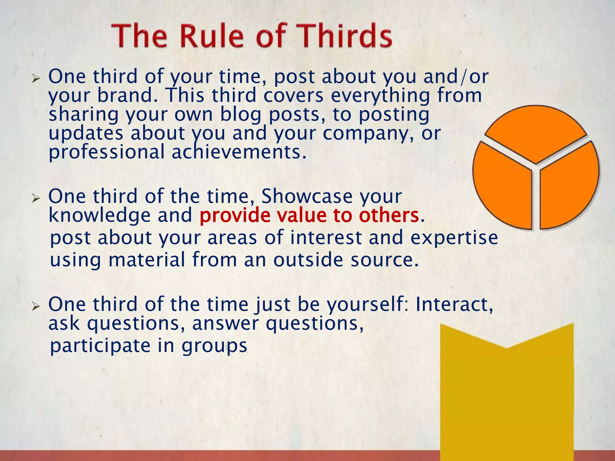  One third of your time, post about you and/or
your brand. This third covers everything from
sharing your own blog posts, to posting
updates about you and your company, or
professional achievements.
 One third of the time, Showcase your
knowledge and provide value to others.
post about your areas of interest and expertise
using material from an outside source.
 One third of the time just be yourself: Interact,
ask questions, answer questions,
participate in groups
 