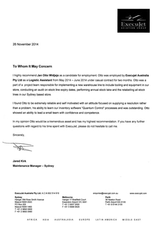Jan Otto Widjaja - Execujet Pty Ltd Recommendation Letter