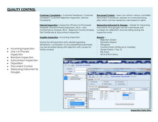 QUALITY CONTROL
 Incoming Inspection
 Line / In Process
Inspection
 Random Inspection
 Subcontract Inspection
 Disposition
 Document Control
 Measuring Instrument &
Gauges
Customer Complaints – Customer Feedback, Customer
complaint, Customer Rejection Inspection, Service
Complaints
Internal Inspection – Inspection (Product & Processed
Material), Random/Patrol Inspection, NCA – Non
Conformance Analysis, RCA – Rejection Control Analysis,
Test Certificate & Subcontract Inspection
Supplier Inspection – Incoming Inspection
During the all inspection entry details regarding
dimensions, composition or any predefined parameter
can be recorded along with rejection with causes for
further analysis
Document Control – Users can attach various controlled
document to products, process or a manufacturing
plan which can be viewed by user based on rights.
Measuring Instrument & Gauges – Master for measuring
instruments and gauges can be maintained with
numbers for calibration and recording during the
inspection entry
Reports –
- Rejection Graph
- Deviation Report
- Histogram
- Control Charts (Attribute & Variable)
- Graph Pareto / Top 10
- Pie chart
- NCA & RCA Status
Inspection Data Entry
 