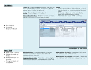 SHIPPING
 Packing List
 Invoicing
 Shipment Details
Packing List – Based On Pending Shipment Plan / Pick List,
Based on Order, Without Order, Miscellaneous, Branch,
Supplier Return. Packing List Approval.
Invoice – Regular, Supplier Return, Branch
Shipment Details & Others – Proforma Invoice, Advance
Shipment Notification, LR Entry, Freight Charges
Reports
- Pending Shipment Plan / Pick List Details, Advance
Shipment Details, DC Status for Material, FG Inward
Details
- FG Stock as on Date, For a Period, Verification
Report, Non Moving FG Stock Analysis
- Proforma Invoice Report Details & Summary
Pending Packing List to be Invoiced
COSTING
 Work order costing
 Margin analysis for
Order
 Margin analysis for
Invoice
 Margin analysis for
Customer
Work order costing – Costing is based on the actual
material consumed, actual production data with
standard machine hour rate.
Margin analysis for Order – This analysis is done using the
manufacturing plan data, standard BOM at current rate.
Margin analysis for Invoice – This analysis is done using
work order cost data with invoice link.
Margin analysis for Customer – This analysis is done using
work order cost data with invoice and customer link.
 