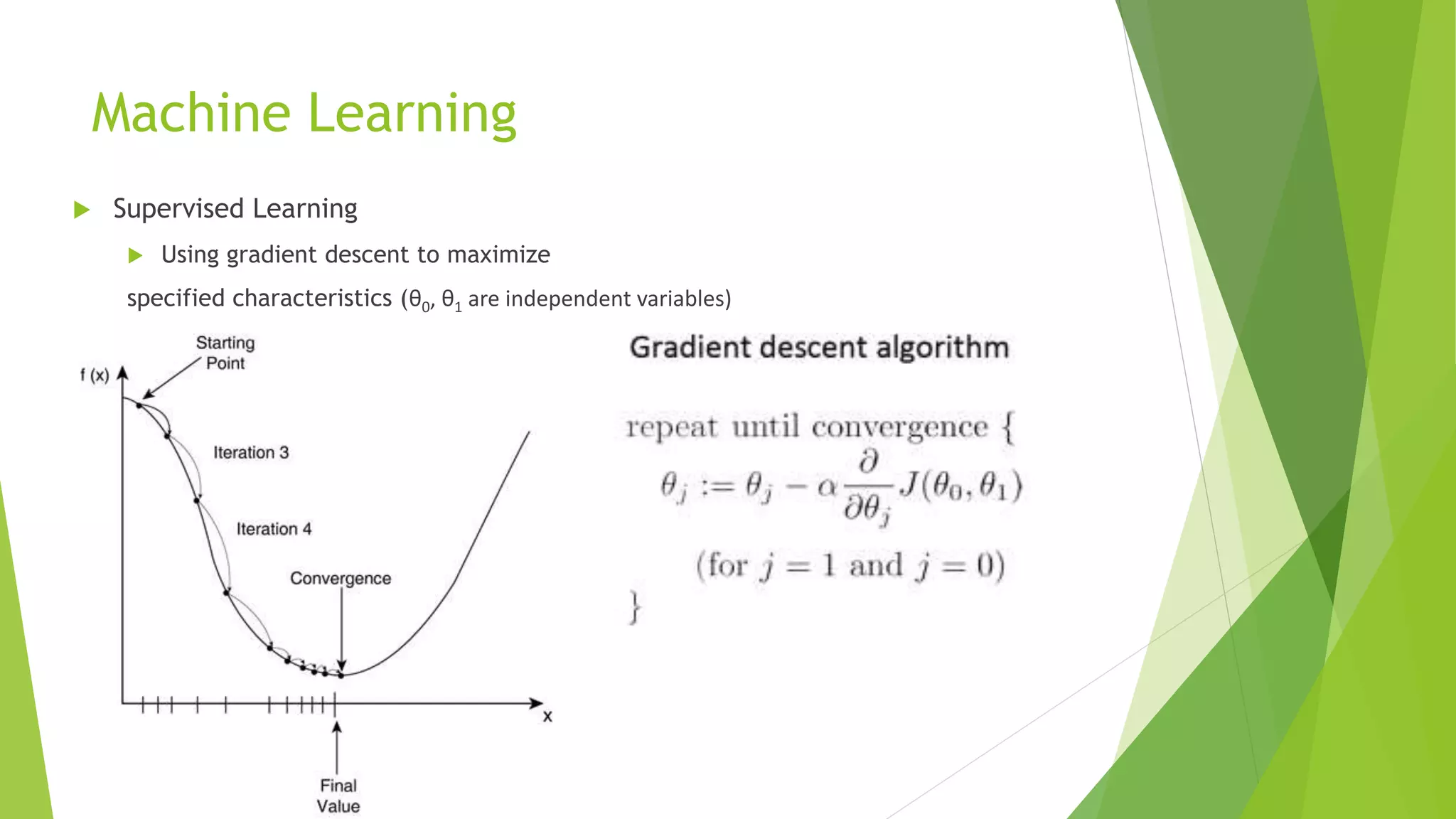 Machine Learning
 Supervised Learning
 Using gradient descent to maximize
specified characteristics (θ0, θ1 are independent variables)
 