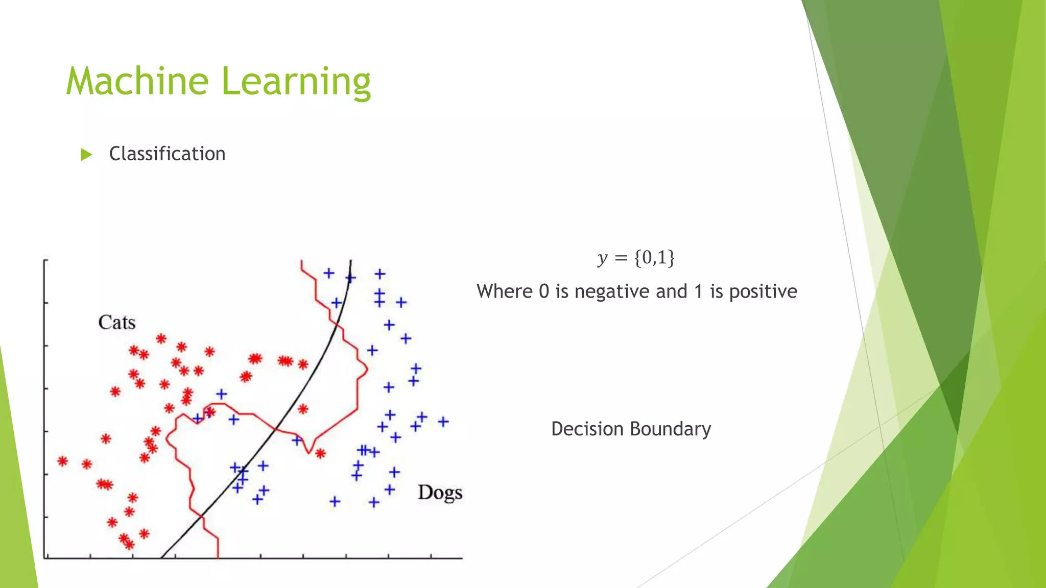 Machine Learning
 Classification
𝑦 = {0,1}
Where 0 is negative and 1 is positive
Decision Boundary
 