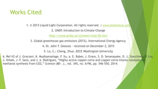 Works Cited
1. © 2013 Liquid Light Corporation. All rights reserved. | www.llchemical.com
2. UNEP, Introduction to Climate Change
http://www.grida.no/climate/vital/05.htm
3. Global greenhouse gas emissions (2012), International Energy Agency.
4. Dr. John T. Gleaves – received on December 2, 2015
5. Lo, C.; Cheng, Zhuo. EECE Washington University
6. Ref #2 of J. Graciani, K. Mudiyanselage, F. Xu, a. E. Baber, J. Evans, S. D. Senanayake, D. J. Stacchiola, P. Liu,
J. Hrbek, J. F. Sanz, and J. a. Rodriguez, “Highly active copper-ceria and copper-ceria-titania catalysts for
methanol synthesis from CO2,” Science (80-. )., vol. 345, no. 6196, pp. 546–550, 2014.
 
