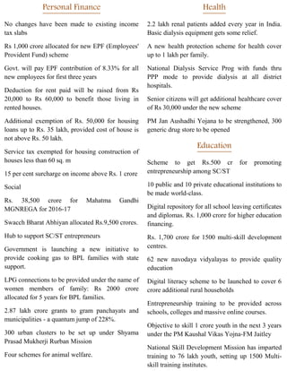 Personal Finance
No changes have been made to existing income
tax slabs
Rs 1,000 crore allocated for new EPF (Employees'
Provident Fund) scheme
Govt. will pay EPF contribution of 8.33% for all
new employees for first three years
Deduction for rent paid will be raised from Rs
20,000 to Rs 60,000 to benefit those living in
rented houses.
Additional exemption of Rs. 50,000 for housing
loans up to Rs. 35 lakh, provided cost of house is
not above Rs. 50 lakh.
Service tax exempted for housing construction of
houses less than 60 sq. m
15 per cent surcharge on income above Rs. 1 crore
Social
Rs. 38,500 crore for Mahatma Gandhi
MGNREGA for 2016-17
Swacch Bharat Abhiyan allocated Rs.9,500 crores.
Hub to support SC/ST entrepreneurs
Government is launching a new initiative to
provide cooking gas to BPL families with state
support.
LPG connections to be provided under the name of
women members of family: Rs 2000 crore
allocated for 5 years for BPL families.
2.87 lakh crore grants to gram panchayats and
municipalities - a quantum jump of 228%.
300 urban clusters to be set up under Shyama
Prasad Mukherji Rurban Mission
Four schemes for animal welfare.
Health
2.2 lakh renal patients added every year in India.
Basic dialysis equipment gets some relief.
A new health protection scheme for health cover
up to 1 lakh per family.
National Dialysis Service Prog with funds thru
PPP mode to provide dialysis at all district
hospitals.
Senior citizens will get additional healthcare cover
of Rs 30,000 under the new scheme
PM Jan Aushadhi Yojana to be strengthened, 300
generic drug store to be opened
Education
Scheme to get Rs.500 cr for promoting
entrepreneurship among SC/ST
10 public and 10 private educational institutions to
be made world-class.
Digital repository for all school leaving certificates
and diplomas. Rs. 1,000 crore for higher education
financing.
Rs. 1,700 crore for 1500 multi-skill development
centres.
62 new navodaya vidyalayas to provide quality
education
Digital literacy scheme to be launched to cover 6
crore additional rural households
Entrepreneurship training to be provided across
schools, colleges and massive online courses.
Objective to skill 1 crore youth in the next 3 years
under the PM Kaushal Vikas Yojna-FM Jaitley
National Skill Development Mission has imparted
training to 76 lakh youth, setting up 1500 Multi-
skill training institutes.
 