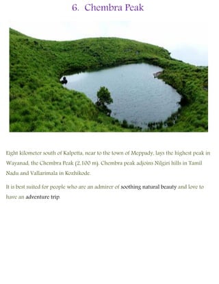 6. Chembra Peak
Eight kilometer south of Kalpetta, near to the town of Meppady, lays the highest peak in
Wayanad, the Chembra Peak (2,100 m). Chembra peak adjoins Nilgiri hills in Tamil
Nadu and Vallarimala in Kozhikode.
It is best suited for people who are an admirer of soothing natural beauty and love to
have an adventure trip.
 