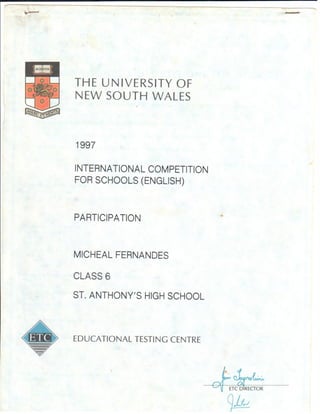 Participation Certificate UNIVERSITY OF NEWSOUTHWALES 1997