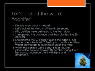 Let’s look at the word
―conifer‖
 Do you know what it means?
 Let’s look at this word in different sentences.
 Fifty conifers were delivered to the front door.
 She opened the package and then planted the 50
conifers.
 She planted the 50 conifers along the edge of her
property, each about 15 feet apart, and hoped they
would grow larger to eventually block the wind.
 When the conifers were about 6 feet tall, she
planned to cut one down in December, bring it into
her house, and decorate it with lights and
ornaments.
 