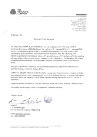 Reference Letter - Woolmark Hong Kong