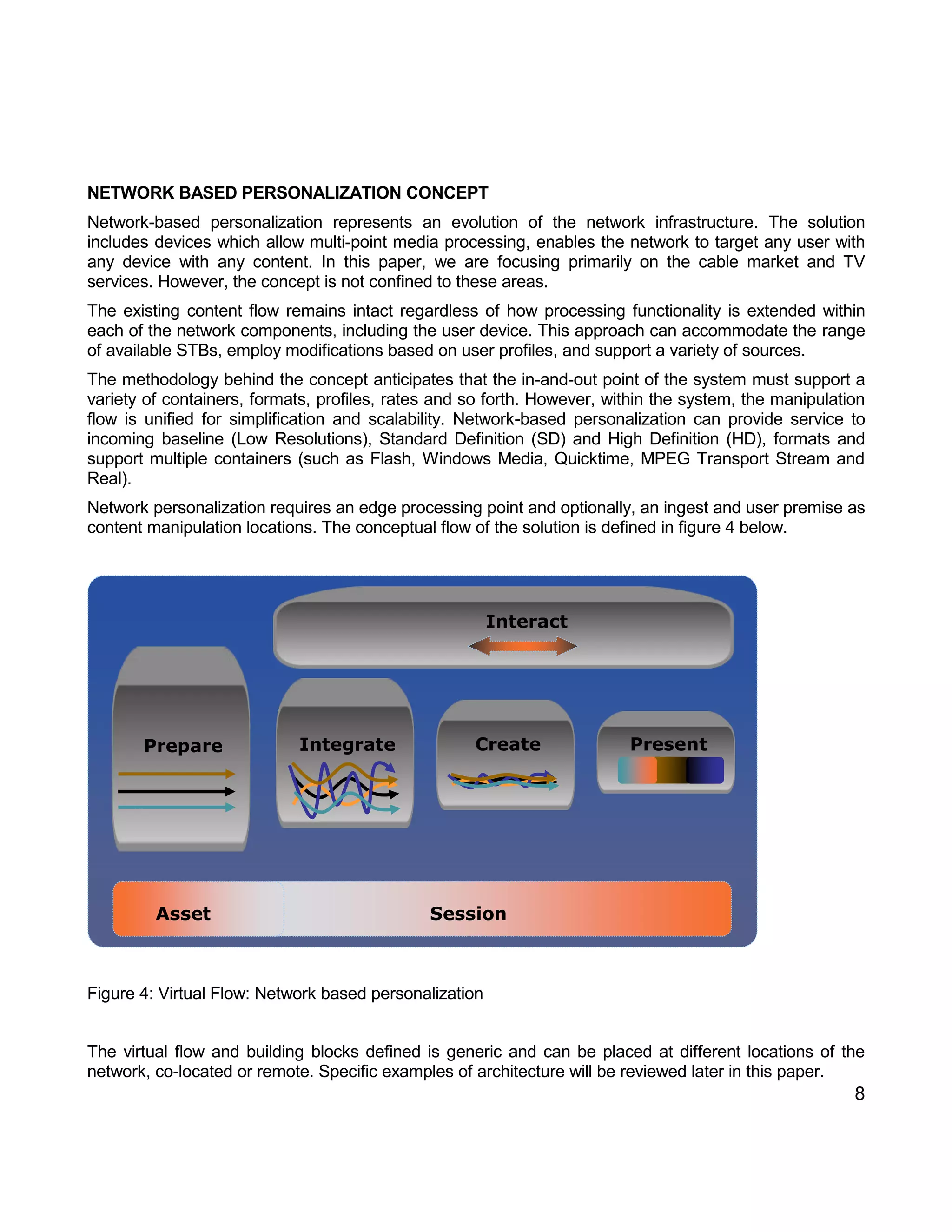 8 
NETWORK BASED PERSONALIZATION CONCEPT 
Network-based personalization represents an evolution of the network infrastructure. The solution includes devices which allow multi-point media processing, enables the network to target any user with any device with any content. In this paper, we are focusing primarily on the cable market and TV services. However, the concept is not confined to these areas. 
The existing content flow remains intact regardless of how processing functionality is extended within each of the network components, including the user device. This approach can accommodate the range of available STBs, employ modifications based on user profiles, and support a variety of sources. 
The methodology behind the concept anticipates that the in-and-out point of the system must support a variety of containers, formats, profiles, rates and so forth. However, within the system, the manipulation flow is unified for simplification and scalability. Network-based personalization can provide service to incoming baseline (Low Resolutions), Standard Definition (SD) and High Definition (HD), formats and support multiple containers (such as Flash, Windows Media, Quicktime, MPEG Transport Stream and Real). 
Network personalization requires an edge processing point and optionally, an ingest and user premise as content manipulation locations. The conceptual flow of the solution is defined in figure 4 below. 
Figure 4: Virtual Flow: Network based personalization 
The virtual flow and building blocks defined is generic and can be placed at different locations of the network, co-located or remote. Specific examples of architecture will be reviewed later in this paper. 
PrepareIntegrateCreatePresentSessionAssetInteract  