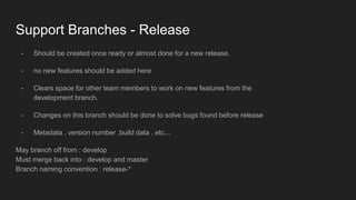 Support Branches - Release
- Should be created once ready or almost done for a new release.
- no new features should be added here
- Clears space for other team members to work on new features from the
development branch.
- Changes on this branch should be done to solve bugs found before release
- Metadata , version number ,build data , etc...
May branch off from : develop
Must merge back into : develop and master
Branch naming convention : release-*
 