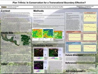 (Alphabetically) Dylan Becker and Rachel Shaffer
Plan Trifinio: Is Conservation for a Transnational Boundary Effective?
Context Methods
Study Site
Data
Preliminary Results
Future directions
We would like to thank our peers in GES 4090 at the University of Colorado-Colorado Springs for their help in our research!
References
Acknowledgements
Figure 1:
The Trifinio Park Region is a transboundary
natural reserve that covers parts of
Guatemala, El Salvador, and Honduras.
0.65
0.655
0.66
0.665
0.67
0.675
0.68
0.685
0.69
0.695
Guatemala
Honduras
El Salvador
Central America
Park Region
Outside of Park
This study used satellite imagery, specifically MODIS Terra NDVI monthly composites, that was acquired
from the United States Geographical Survey Global Visualization Viewer (USGS Glovis) The spatial
resolution consists of 1km per pixel. The temporal resolution of the study extends from February 2000 to
December 2015. The shapefiles of the all the country boundaries used in the value extraction were all
derived from a World Countries shapefile, acquired from the Environmental Systems Research Institute
(ESRI), and the Trifinio boundary shapefile was acquired from the United Nations Educational, Scientific,
and Cultural Organization (UNESCO) geoportal. The 10 kilometer buffer shapefile was created in ArcMap,
using the buffer and intersect tools on the country shapefiles and the Trifinio boundary shapefile.
0
50
100
150
200
250
300
0
50
100
150
200
250
300
0
50
100
150
200
250
Change in Mean Annual NDVI Variance within Countries per YearChange in Mean Annual NDVI Reflectance within Countries per Year
Change in Mean Annual NDVI Reflectance within Countries per Year
0.58
0.6
0.62
0.64
0.66
0.68
0.7
0.72
0.74
0.76
Inside of Park Boundary
for Each Country
Outside of Park Boundary
for Each Country
0.56
0.58
0.6
0.62
0.64
0.66
0.68
0.7
0.72
0.74
0.76
Change in Mean Annual NDVI Reflectance per Year
Change in Mean Annual NDVI Variance (2000-2015)
The graphs displaying changes in mean annual NDVI
Reflectance gives an indication of the overall amount of
vegetation density within the landscape for each year. It is a
way to represent the averaged pixels from each month
within that year. The change in mean annual NDVI Variance
is representative of the degree of landscape heterogeneity
for each year. It is a way to express the variation of pixel
values within a raster dataset. By comparing the two, we
can come up with different conclusions about the landscape
of the Trifinio region. Together, a low mean and low
variance can represent degraded landscapes. Low mean
values with high variance indicates landscapes that may
possess a lot of bare ground. Landscapes with high mean
and low variance values suggests more vegetation cover for
that year (Cui, Gibbes, Southworth, & Waylen, 2013).
ChangeinNDVIVarianceReflectance
(micrometers)
Figure 8:
The following graphs measure the mean annual NDVI
(Normalized Vegetation Index) values and their average
monthly variance.
Note: The Mean Annual NDVI values are normalized, the
variance values are not, which is why micrometers for each
appears in different units.
Mean and Variance Charts
For future directions in research, the team would like to explore creating different maximum likelihood classifications that
better differentiate the landscape, in terms of defining more land cover classes, so that change in forest variation may also be
detected. This would allow the researchers to monitor the health of the forest over time and to determine areas that have
undergone forest degradation, deforestation, and reforestation. In conjunction with each county’s conservation policies, this
information could provide further insights into the Trifinio Plan’s efficacy in regards to transnational boundary conservation.
ChangeinNDVIReflectance
(micrometers)
In each image, the water class showed the least amount of change
across the study area over time. At a 1km spatial resolution on the
MODIS imagery, only large bodies of water appear on the maximum
likelihood classifications, which were expected to change very little
or not at all. The Land Cover Change from 2005 to 2010 image
shows a large amount of area that changed from minimal forest to
bare soil. It also shows a large area of dense forest cover that
changed to less dense forest cover. This can be attributed to the year
2010 being an exceptionally dry year for the Trifinio region, causing
drought during this time period, as the North American Drought
Monitor has indicated (National Integrated Drought Information
Systems, 2010). The regions that suffered the most from the
drought in 2010 had mostly recovered by 2015. There are also a lot
of interchanges between less dense forest and more dense forest
throughout the study period, where less dense forest will become
dense forest and vice versa. However, this does not account for
forest loss or gain, but shows an interclass variation between dense
and less dense forest cover due to variation in climate and
precipitation over time.
Figure 5:
Change in land
cover from 2000
to 2005 derived
from Maxlike
classifications
Figure 6:
Change in land
cover from 2005
to 2010 derived
from Maxlike
classifications
Figure 7:
Change in land
cover from 2010
to 2015 derived
from Maxlike
classifications
The Trifinio region is a protected area covering 7,500 square kilometers that lies in the upper
watershed of the Lempa River of Central America, spanning the national boundaries of Guatemala,
Honduras, and El Salvador. Trifinio is home to many species of indigenous flora and fauna, several of which
can be found on the endangered species list. Five types of forest are found in the region: cloud forests;
transitional forests; mixed forests consisting of pine and oak; sub-tropical dry forests; and tropical forests
(Artiga, 2003). These forests are characterized by pronounced seasonality in rainfall distribution with
several months of drought (Portillo-Quintero & Sanchez-Azofeifa, 2010). There are also several basins
found in the Trifinio region: the Lempa River basin, the only transnational watershed in Central America;
the basin of the Motagua River, which flows towards the Guatemalan territory; and the Ulúa River basin in
Honduras (Artiga, 2003).
As of the year 2000, the area boasted a population of 670,000 inhabitants, a density of about 89
people per square kilometer, with about 70% of the population living rurally (Artiga, 2003). Of the regions
inhabitants, 87% live in relative poverty and 53% live in extreme poverty, relying mostly on small
agriculture (Artiga, 2003). Over 75% of the Trifinio region is covered in mountains with shallow soils that
limit large scale agriculture, lending to the lack of productivity in the area (Artiga, 2003).
Only in recent years, the mid 1990s, has there been a systematic effort to place infrastructure such as
roads in the region (Artiga, 2003). The initiative to protect the environment of the region began with the
signing of the Esquipulas peace agreement in 1987 (Artiga, 2003). Conservation efforts were largely placed
on reforesting the area.
Globally, forest environments provide a myriad of human benefits at multiple spatial scales (Scullion,
Vogt, Sienkiewicz, Gmur, & Trujillo, 2014). The benefits of forest environments include timber, clean water,
and the delivery of ecosystem services, such as carbon cycling (Scullion, Vogt , Sienkiewicz, Gmur, & Trujillo,
2014). It is vital to preserve these ecosystem goods and services, as well as the biodiversity that they
encompass, for future generations and for the prosperity of life on this planet. By protecting forested areas
from anthropogenic threats, such as deforestation and mining, destruction of the ecosystem can be
prevented.
In recent years, there has been a rapid evolution in remote sensing of protected areas, exemplified by the
number of scientific articles and reviews that use satellite imagery to assess land cover and land cover
change, as well as techniques to model and monitor biodiversity and natural resource issues in individual
protected areas (Gillespie, Willis, & Ostermann-Kelm, 2015). Remote sensing can also provide an effective,
non-invasive means for monitoring the progress of protected areas and for observing conservation efforts
and the effects of climate change around the globe. This makes remote sensing a useful tool in the
conservationist’s arsenal.
The Trifinio region is a protected area that spans the national boundaries of three countries: Guatemala,
Honduras, and El Salvador. The Trifinio Plan, implemented in 1987, is a transnational conservation plan aimed
at protecting the Trifinio region through multinational cooperation amongst the three countries, and is the
only transnational conservation effort in Central America (Artiga, 2003). If proven effective, The Trifinio Plan
could serve as a model for the conservation and preservation of diverse forest ecosystems in other parts of
the world that span international boundaries. Furthermore, this effort could provide a model for international
cooperation in regards to global conservation efforts. This research attempted to determine the effectiveness
of each country’s individual conservation efforts to evaluate the efficiency of transnational boundary
conservation within the region for the years 2000 to 2015. Factors that were taken into account were
anthropogenic as well as climatic changes in the Trifinio environment.
Artiga, R. (2003). The Case of the Trifinio Plan in the Upper Lempa: Opportunities and Challenges for the Shared Management of Central American Transnational
Basins. UNESCO.
Cui, X., Gibbes, C., Southworth, J., & Waylen, P. (2013). Using Remote Sensing to Quantify Vegetation Change and Ecological Resilience in a Semi-Arid System. Land, 108-130.
Gillespie, T. W., Katherine, W. S., & Ostermann-Kelm, S. (2014). Spaceborne Remote Sensing of the World's Protected Areas. Progress in Physical Geography, 388-404.
National Integrated Drought Information Systems. (2010). North American Drought Monitor. Retrieved from North American Drought Portal:
http://www.drought.gov/nadm/
Portillo-Quintero, C. A., & Sanchez-Azofeifa, G. A. (2010). Extent and Conservation of Tropical Dry Forests in the Americas. Biological Conservation, 144-155.
Scullion, J. J., Vogt, K. A., Sienkiewicz, A., Gmur, S. J., & Trujillo, C. (2014). Assessing the Influence of Land-Cover Change and Conflicting Land-Use Authorizations on
Ecosystem Conversion on the Forest Frontier of Madre de Dios, Peru. Biological Conservation, 247-258.
Figure 2:
2001 Mean Annual NDVI with
Trifinio Boundaries
Figure 3:
2001 Variance Image with
Trifinio Boundaries
Figure 4:
Analysis of change using 2001 Maximum
Likelihood Classification based on Mean
Annual NDVI Images
Trifinio Region as a Whole
Change in Mean Annual NDVI Variance within Countries per Year
ChangeinNDVIReflectance
(micrometers)
ChangeinNDVIReflectance
(micrometers)
ChangeinNDVIVarianceReflectance
(micrometers)
ChangeinNDVIVarianceReflectance
(micrometers)
Department of Geography and
Environmental Studies
Cui, X., Gibbes, C., Southworth, J., & Waylen, P. (2013). Using Remote Sensing to Quantify Vegetation Change and Ecological Resilience in a Semi-Arid System. Land, 108-130.
 