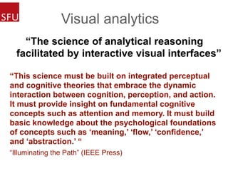 Visual analytics
“This science must be built on integrated perceptual
and cognitive theories that embrace the dynamic
interaction between cognition, perception, and action.
It must provide insight on fundamental cognitive
concepts such as attention and memory. It must build
basic knowledge about the psychological foundations
of concepts such as ‘meaning,’ ‘flow,’ ‘confidence,’
and ‘abstraction.’ “
“Illuminating the Path” (IEEE Press)
“The science of analytical reasoning
facilitated by interactive visual interfaces”
 