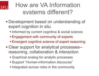 How are VA Information
systems different?
• Development based on understanding of
expert cognition in situ
• Informed by current cognitive & social science
• Engagement with community of experts
• Emergent cognitive science of expert reasoning
• Clear support for analytical processes--
reasoning, collaboration & interaction
• Graphical analog for analytic processes
• Support “Human-information discourse”
• Integrated across roles in the community
 