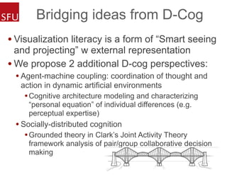 Bridging ideas from D-Cog
• Visualization literacy is a form of “Smart seeing
and projecting” w external representation
• We propose 2 additional D-cog perspectives:
• Agent-machine coupling: coordination of thought and
action in dynamic artificial environments
•Cognitive architecture modeling and characterizing
“personal equation” of individual differences (e.g.
perceptual expertise)
• Socially-distributed cognition
•Grounded theory in Clark’s Joint Activity Theory
framework analysis of pair/group collaborative decision
making
 