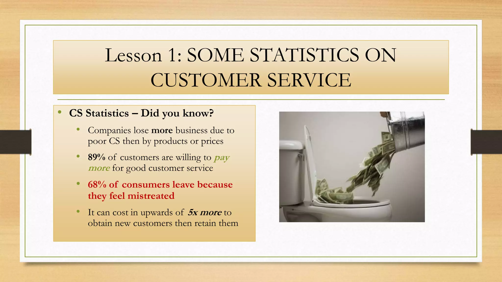 Lesson 1: SOME STATISTICS ON
CUSTOMER SERVICE
• CS Statistics – Did you know?
• Companies lose more business due to
poor CS then by products or prices
• 89% of customers are willing to pay
more for good customer service
• 68% of consumers leave because
they feel mistreated
• It can cost in upwards of 5x more to
obtain new customers then retain them
 