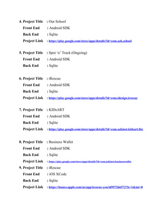 4. Project Title : Our School
Front End : Android SDK
Back End : Sqlite
Project Link : https://play.google.com/store/apps/details?id=com.azk.school
5. Project Title : Spot ‘n’ Track (Ongoing)
Front End : Android SDK
Back End : Sqlite
6. Project Title : iRescue
Front End : Android SDK
Back End : Sqlite
Project Link : https://play.google.com/store/apps/details?id=com.idesign.irescue
7. Project Title : KIDsART
Front End : Android SDK
Back End : Sqlite
Project Link : https://play.google.com/store/apps/details?id=com.azkinet.kidsart.lite
8. Project Title : Business Wallet
Front End : Android SDK
Back End : Sqlite
Project Link : https://play.google.com/store/apps/details?id=com.azkinet.businesswallet
9. Project Title : iRescue
Front End : iOS XCode
Back End : Sqlite
Project Link : https://itunes.apple.com/us/app/irescue-you/id957266572?ls=1&mt=8
 