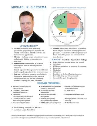 MICHAEL R. SIERSEMA FUSING BUSINESS WITH TECHNOLOGY SUCCESSFULLY
The DiSC® model is a tool that’s beenhelping people to connect better for over thirtyyears. Thisreport usesyour individual
assessment data to provide a wealth ofinformationabout your workplace prioritiesandpreferences.
Strengths Finder®
 Strategic – inventive mind, generating
possibilities, pinpointing core problems and
identify best solutions. Identify obstacles and
transform into opportunities.
 Ideation – challenge people to think in new ways
and stimulate thinking in innovative new
directions.
 Responsibility – dependable, go to person
working with teams to achieve goals and
objectives
Started regional technology director monthly calls
that leveraged regional activities for new revenue.
 Learner – avid learner on vast array of subjects.
Engineering background provides analytical
investigation into why and how something
happens – not only who, what, and when.
 Achiever – work hard with stamina to work long
hours and gain satisfaction from being busy and
productive. Goal oriented with facility to envision
future state of the project and communicate to
team. Received
TriMetrix– Value to the Organization Findings
 Makes decisions with the bottom line in mind.
 Self-reliant.
 Will join organizations to represent the company.
 Pioneering.
 Thinks big.
 Self-starter.
 Confidence to do the difficult assignments.
 Forward-looking and future-oriented.
 Accomplishes goals through people.
SPECIALIZED PROFICIENCIES
 Business Process/Cultural/IT
Transformation
 Early Stage/Mid-Tier/Large-Cap
Enterprise Experience
 Commercial/Defense Industry
ClientDevelopment
 IT/Software Department
Leadership/Mentoring
 Fortune 500 Business
Development
 IT Governance
 Technology
Evaluation/Selection/Valuation
 Global Program/Project
Management
 Complex Problem Resolution
 Channel/Partner/Customer
Relationship Management
 Product Development/
Management/Improvement
 Managed/Hosted Solutions – out
sourcing
 Value-Chain Optimization  M&A Due Diligence/Integration  Risk and Compliance
 Proud military service in US Air Force
 American Legion Post officer
Experience past 20 years
 
