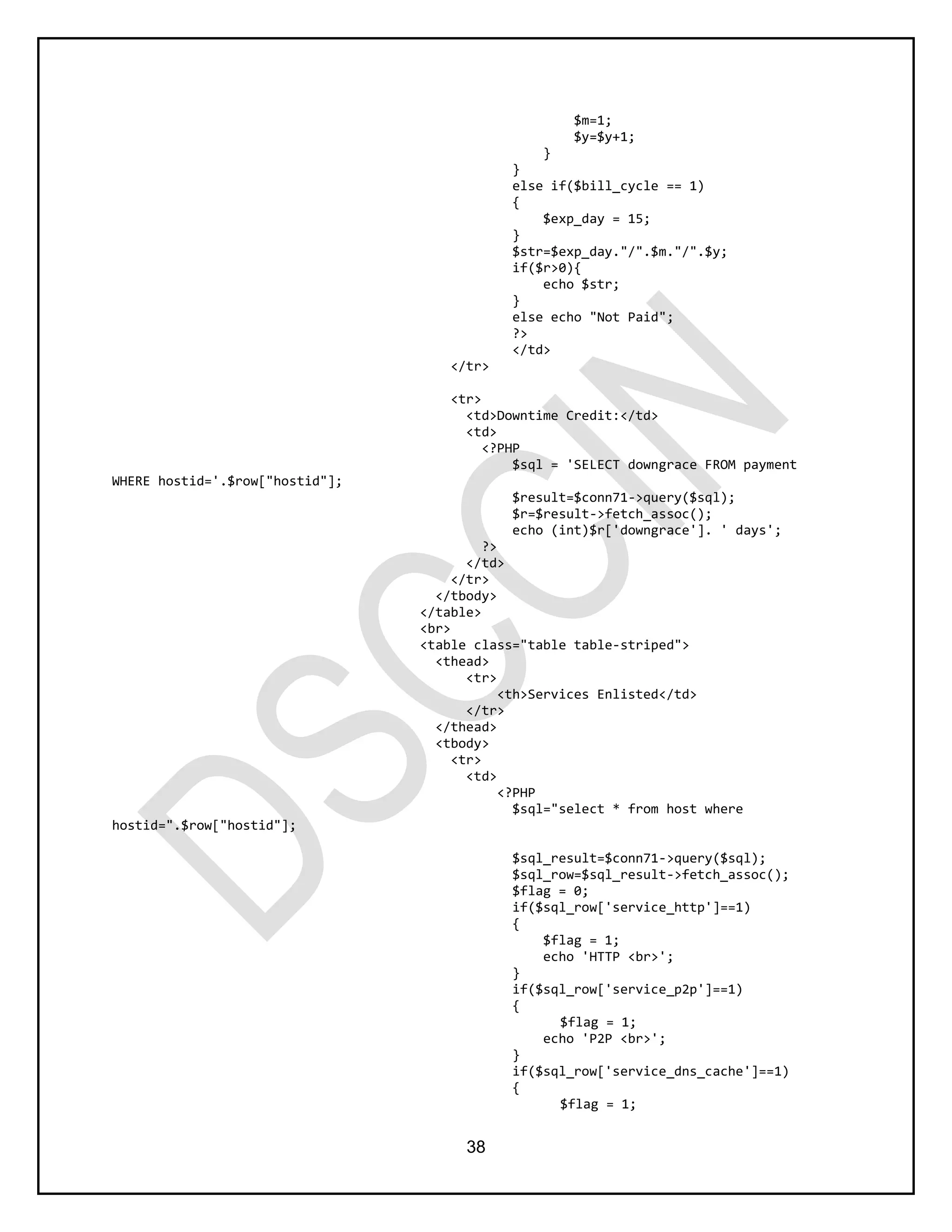 38
$m=1;
$y=$y+1;
}
}
else if($bill_cycle == 1)
{
$exp_day = 15;
}
$str=$exp_day."/".$m."/".$y;
if($r>0){
echo $str;
}
else echo "Not Paid";
?>
</td>
</tr>
<tr>
<td>Downtime Credit:</td>
<td>
<?PHP
$sql = 'SELECT downgrace FROM payment
WHERE hostid='.$row["hostid"];
$result=$conn71->query($sql);
$r=$result->fetch_assoc();
echo (int)$r['downgrace']. ' days';
?>
</td>
</tr>
</tbody>
</table>
<br>
<table class="table table-striped">
<thead>
<tr>
<th>Services Enlisted</td>
</tr>
</thead>
<tbody>
<tr>
<td>
<?PHP
$sql="select * from host where
hostid=".$row["hostid"];
$sql_result=$conn71->query($sql);
$sql_row=$sql_result->fetch_assoc();
$flag = 0;
if($sql_row['service_http']==1)
{
$flag = 1;
echo 'HTTP <br>';
}
if($sql_row['service_p2p']==1)
{
$flag = 1;
echo 'P2P <br>';
}
if($sql_row['service_dns_cache']==1)
{
$flag = 1;
 