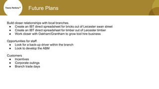 Future Plans
Build closer relationships with local branches.
● Create an IBT direct spreadsheet for bricks out of Leicester swan street
● Create an IBT direct spreadsheet for timber out of Leicester timber
● Work closer with Oakham/Grantham to grow tool hire business
Opportunities for staff.
● Look for a back-up driver within the branch
● Look to develop the ABM
Customers
● Incentives
● Corporate outings
● Branch trade days
 