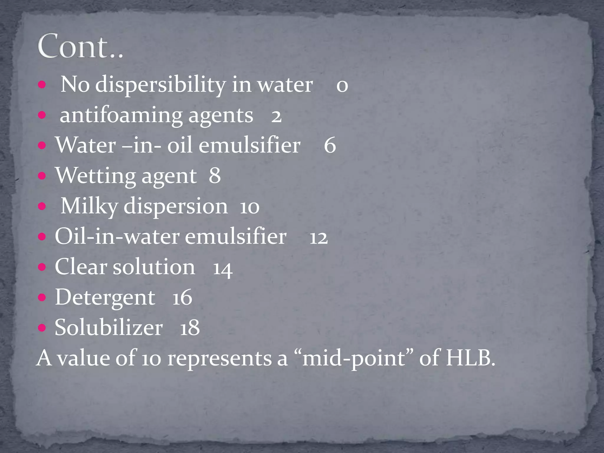  No dispersibility in water 0
 antifoaming agents 2
 Water –in- oil emulsifier 6
 Wetting agent 8
 Milky dispersion 10
 Oil-in-water emulsifier 12
 Clear solution 14
 Detergent 16
 Solubilizer 18
A value of 10 represents a “mid-point” of HLB.
 
