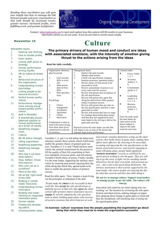 Variables 1, 2, and 3 on left define the behavioral
structure, namely those actions which if delivered
enable the greatest chance of greatest goal suc-
cess. Variables 4, 5, 6, and 7 build intrinsic moti-
vation, the internal commitment by the person to
lift the quality of their life committing to their
own standards of success pride, and self-esteem.
Variable 8 build clarity of action. Finally variable
9 is the team leader, supporting the intrinsic moti-
vation by ensuring each person enjoying their day
while doing that which they agreed needs to be
done to enable the greatest chance of greatest
success.
Read the table again. Now, imagine a team living
out the principles as embodied in the able.
People make the choice to be successful in their
work life, they accept the role specifications as
defining success in their job, they agree the ideal
actions offer greatest chance of greatest success,
engage by actively adopting the role specifica-
tions in mind, building game plans with associat-
ed positive emotions that drive behavior at work
and actively visualize themselves acting out the ideal
actions, they build clarity in game plans, making their
efforts more effective. By choosing to be successful,
accepting and agreeing the role specifications as the
means of personal success, and actively engaging in
mind with game plans, people build significant
‘intrinsic motivation’, exactly as exhibited by any
sports person seeking to win the game. They are will-
ing to go the extra, to fight, not for anything outside
themselves, but for their own pride, and personal suc-
cess... they want to feel good about themselves. The
intrinsic motivation is then actively supported by the
team leader who ensure people are enjoying the day,
do what they need do and have fun while doing it.
Do not try to manage culture. Support team leaders
to manage people as per the table. The culture will
emerge.
Innovation and creativity are teams taking time out,
working ‘on’ the business by reviewing the role speci-
fication and ideal actions, making changes on paper,
then adopting those change in game plans in mind and
then the disciplined, self-satisfying task of acting out
the agreed game plans.
The primary drivers of human mood and conduct are ideas
with associated emotions, with the intensity of emotion giving
thrust to the actions arising from the ideas
Read the table carefully.
In business ‘culture’ expresses how the people populating the organization go about
doing that which they need do to make the organization successful
Newsletter 15
Culture
Newsletter topics
1. Seeking new thinking.
2. How to double profits.
3. Goal—action.
4. Linking staff action to
strategy.
5. Human performance
driving results.
6. HR as rollout of strate-
gy.
7. Behavioral structure of
the organization.
8. Understanding human
psychology.
9. Linking people to be-
havioral structure.
10. Perfect human perfor-
mance.
11. Performance manage-
ment moving actual
toward perfect perfor-
mance.
12. Built in flexibility.
13. A scientifically proven
balanced solution to
human performance
as a driver of results.
14. Redefining engage-
ment.
15. Culture.
16. All HR policy changes.
17. Lifting expectation.
18. Redefining leadership.
19. Redefining manage-
ment.
20. Why has it not been
done before?
21. Stop. Reflect. Chose
and improve.
22. Why can’t we do it
ourselves?
23. Mind of the CEO.
24. HR as the ‘right hand’
of the CEO.
25. Building a ‘verbal
ready’ Executive.
26. Understanding human
motivation.
27. Building and imple-
menting an integrated
motivation policy.
28. Human capital.
29. Finding and develop-
ing talent.
30. Choosing better ideas.
Reading these newsletters you will gain
new insight into how to manage the link
between people and your organization so
that both benefit by increased results,
greater success, increased profits, more
fulfilling work, and greater satisfaction.
Contact: info@opdcoach.com to meet and explore how this system will lift results in your business.
Alternative advise us, do not send, if you do not wish to receive more emails.
Organization. Business
plan for period.
1. Goal cascade,
KPIs in every
role.
2. Ideal actions
derived from
KPIs.
3. Role specifica-
tions.
Psychology
4. Choice.
5. Engagement.
6. Acceptance.
7. Agreement.
8. Clarity.
9. Motivation.
Fundamental is ideas in
mind with action arising
from those ideas given
momentum by associat-
ed emotions.
Management factor.
1. Improve the goal cascade.
2. Sharpen ideal actions.
3. Clarify role specification, integrate
business processes, operations policy.
4. Review choice of each person to be
successful at work.
5. Review commitment of person to ac-
tively seek work life success.
6. Review with person their acceptance of
the role specification.
7. Review with person they agree that
doing the ideal actions offers greatest
chance of greatest success.
8. Review with person they are clear on
the role specification, and have a clear
game plan in mind.
9. Review with person they have no nega-
tive feelings about doing ideal actions.
And that they feel supported by their
team leader in the striving to deliver the
game plan each day.
Practical actions the team leader can take that
will improve one or more of the factors that
underpin high quality performance.
Cultural audits.
• Focus. Audits
1, 6, 7.
• Accuracy.
Audits 2, 3,
8.
• Commitment.
Audits 4, 5,
7.
• Leadership.
Audits 9, 4,
5, 6, 7, 8.
• Business
processes.
Audits 3, 7,
8.
From the audit result,
the team leader de-
cides action on the
factors judged to
improve the audit
result for next time.
 